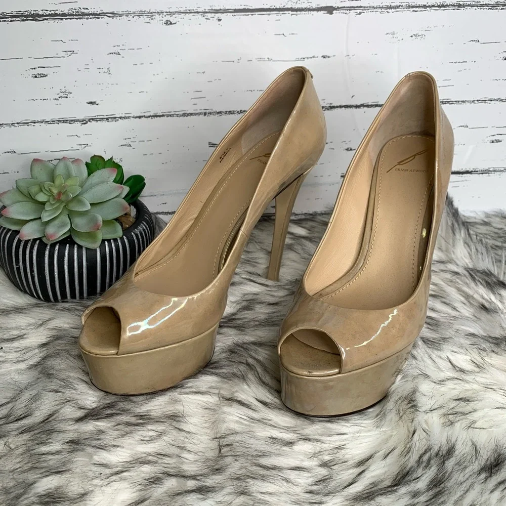 BRIAN ATWOOD Nude Designer Patent Leather Open Toe Platform Heels *AS IS*, 8